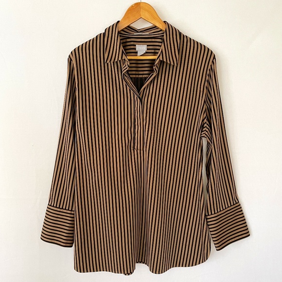 Chico’s No Iron Chic Stretch Pop Over Tunic Black & Tan Stripe Size 3 US XL - Picture 1 of 7